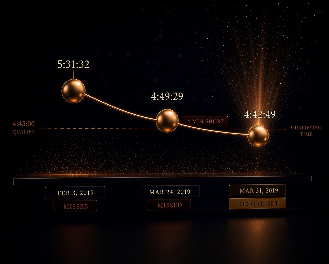 Dot plot of three marathon attempts against the 4:45:00 qualifying line: 5:31:32 on February 3, 2019, missed; 4:49:29 on March 24, 2019, missed; 4:42:49 on March 31, 2019, record set just under the line