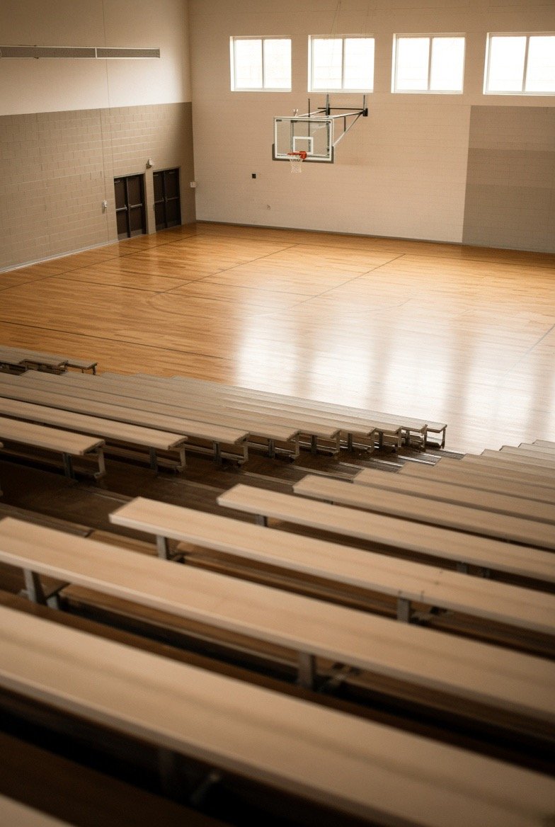 Empty wooden bleachers in a high school gym, seen from the top row looking down at a polished basketball floor