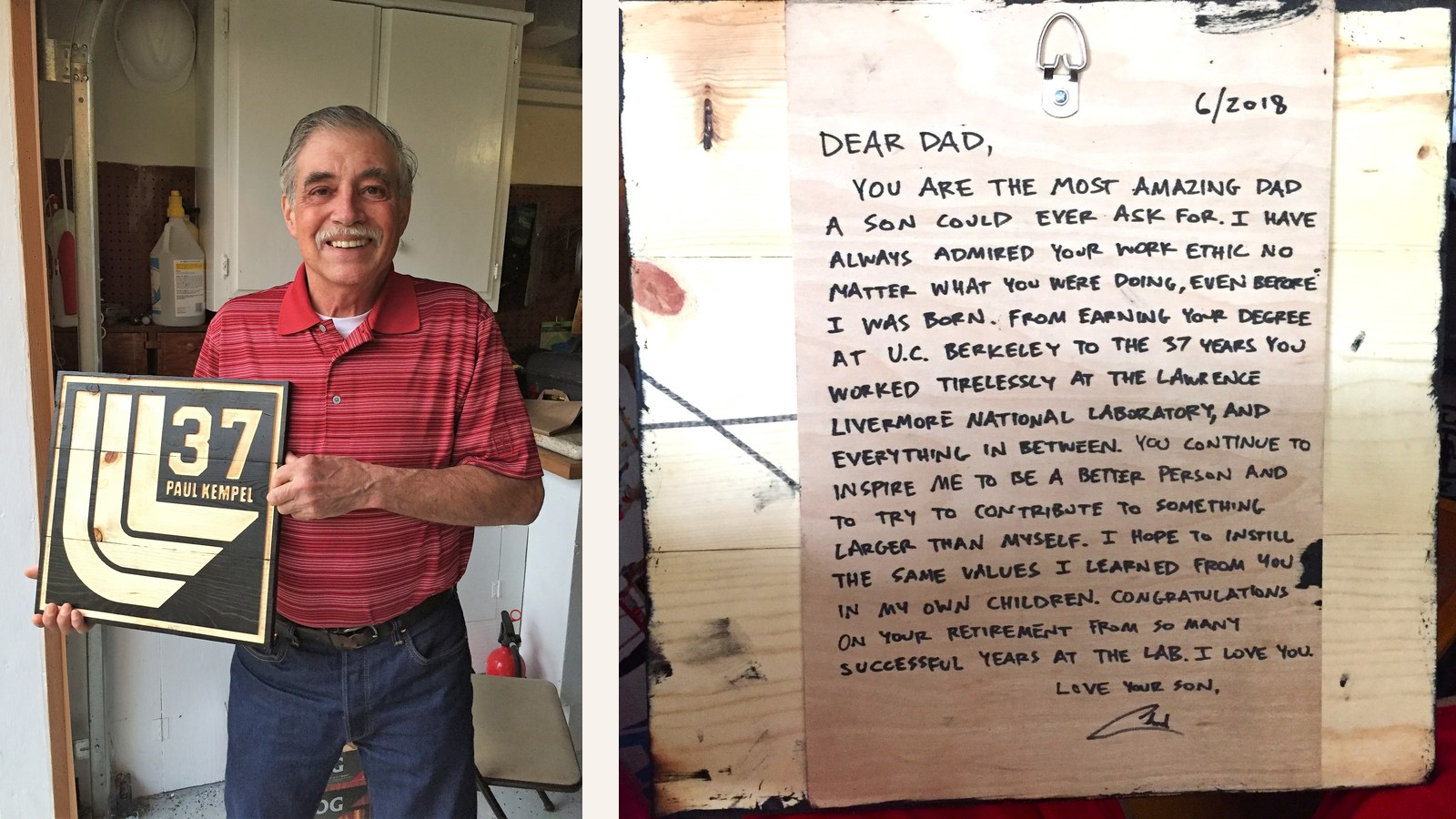 Paul Kempel in his garage holding a carved wooden plaque with the Lab logo, the number 37 and his name, beside the handwritten letter on the back of the plaque