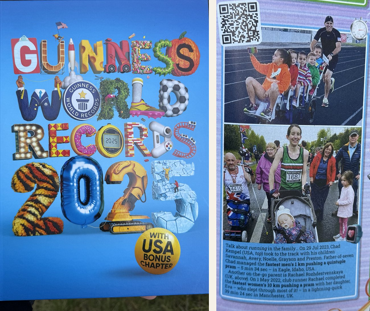 The cover of Guinness World Records 2025 with USA bonus chapter, beside the page showing Chad Kempel pushing five children in a stroller on the Eagle High School track, with a caption naming his fastest men's 1 km pushing a quintuple pram, 5 min 34 sec, in Eagle, Idaho