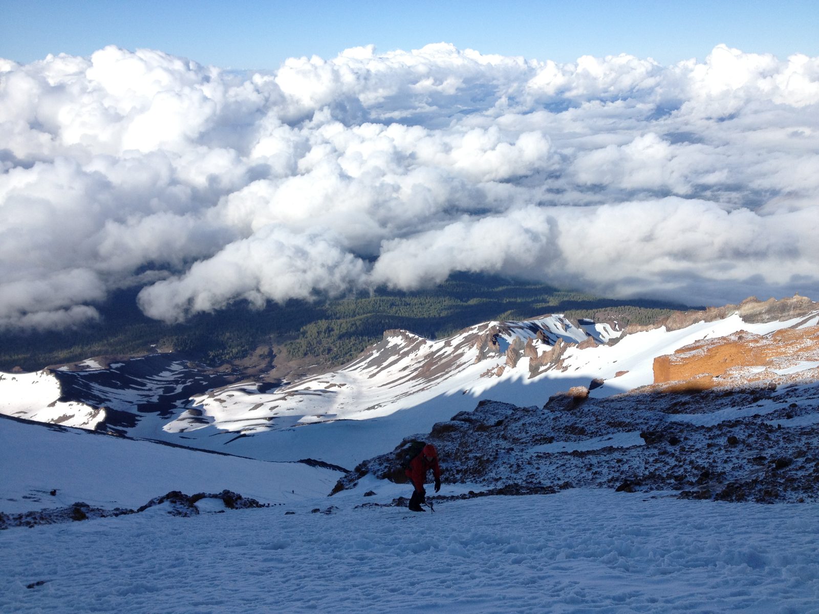 A climber in a red jacket on steep snow high on Mt. Shasta at first light, with a sea of clouds and forest far below
