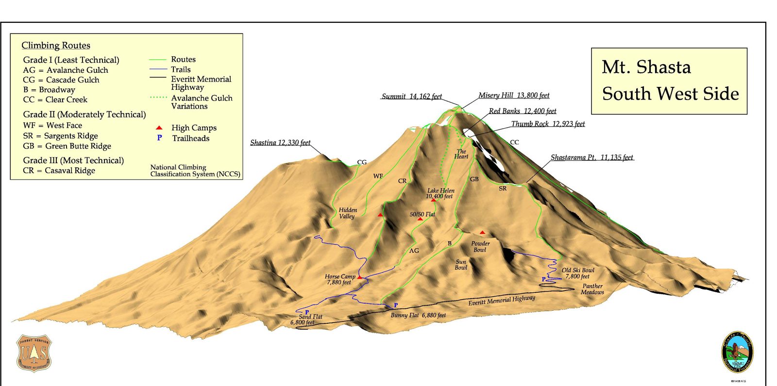 U.S. Forest Service relief map of the southwest side of Mt. Shasta showing Bunny Flat, Horse Camp, Lake Helen, Red Banks, Misery Hill, and the summit